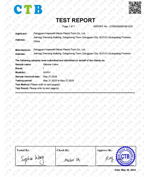 silicone valve food contact testing report